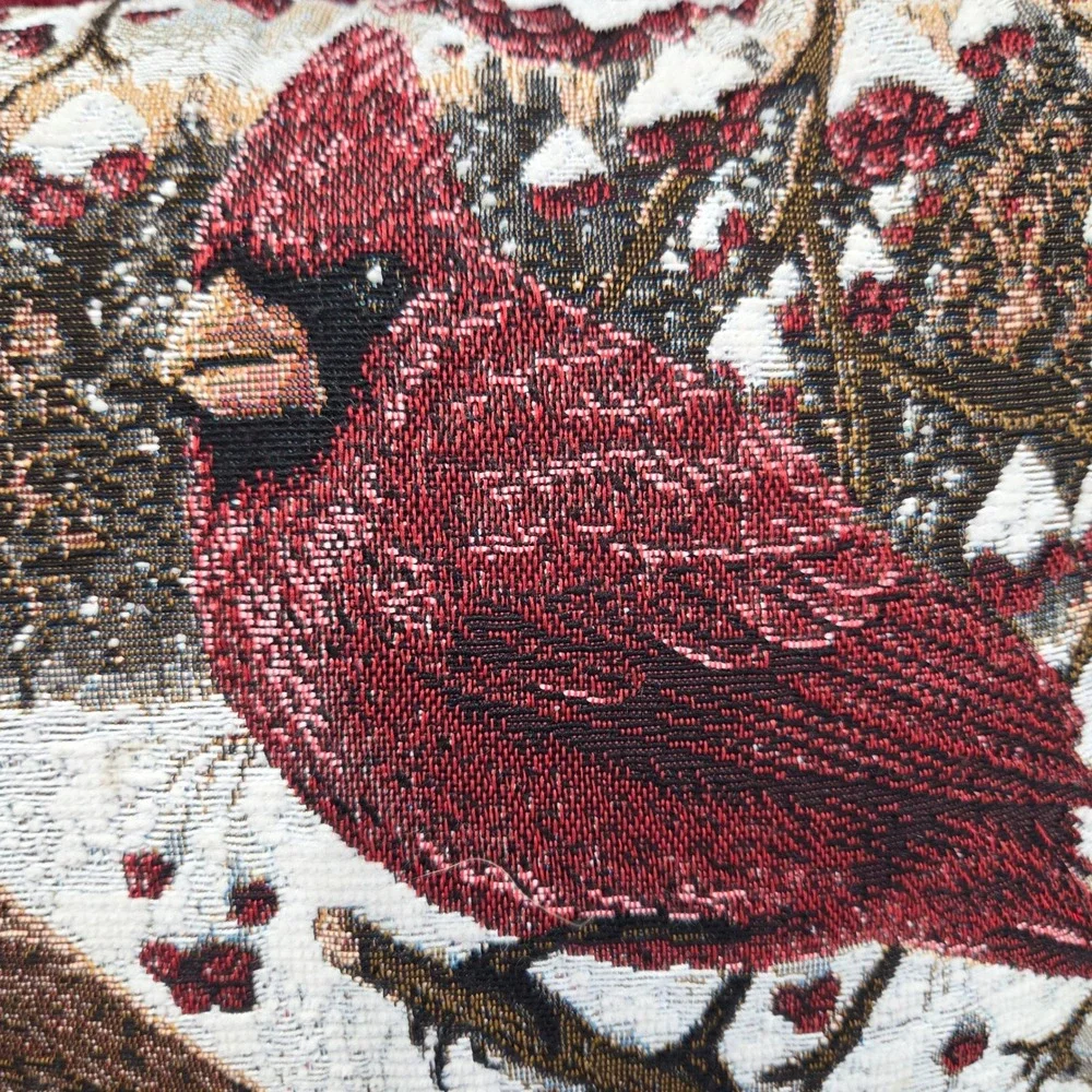 Vintage Cardinal‎ Birds Winter Tapestry Accent Pillow Red Velvet Back 14x10